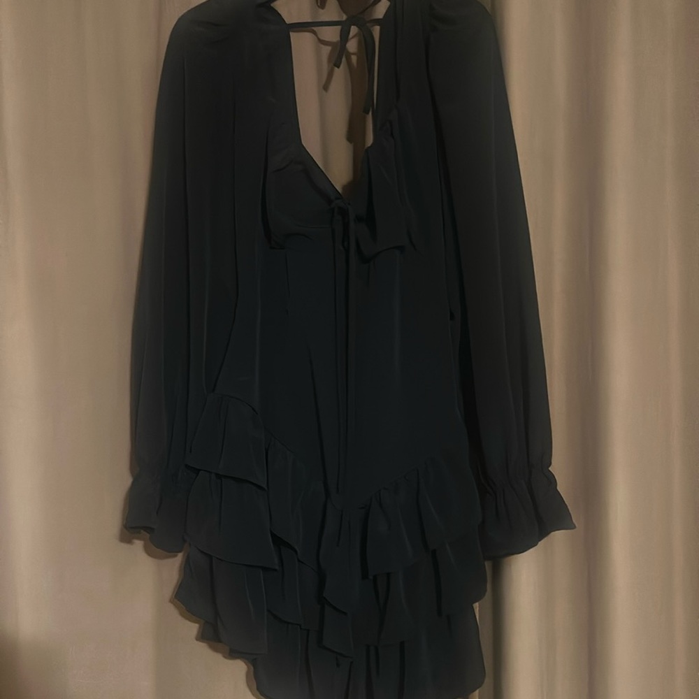Black Long Sleeve Cutout Ruffle-Tiered Mini Dress